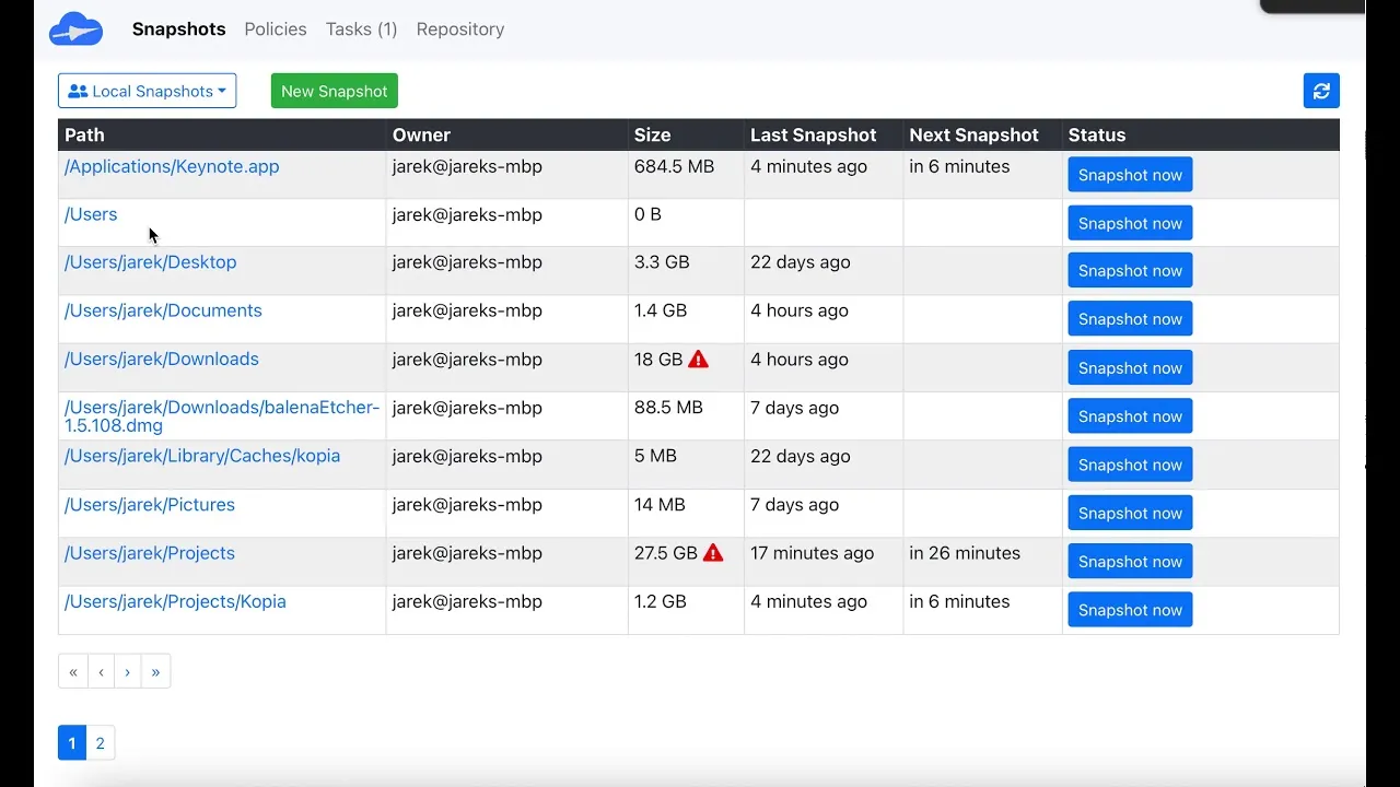 Kopia desktop GUI managing snapshots and repositories
