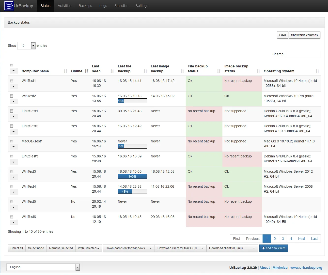 UrBackup server web UI managing endpoint image backups